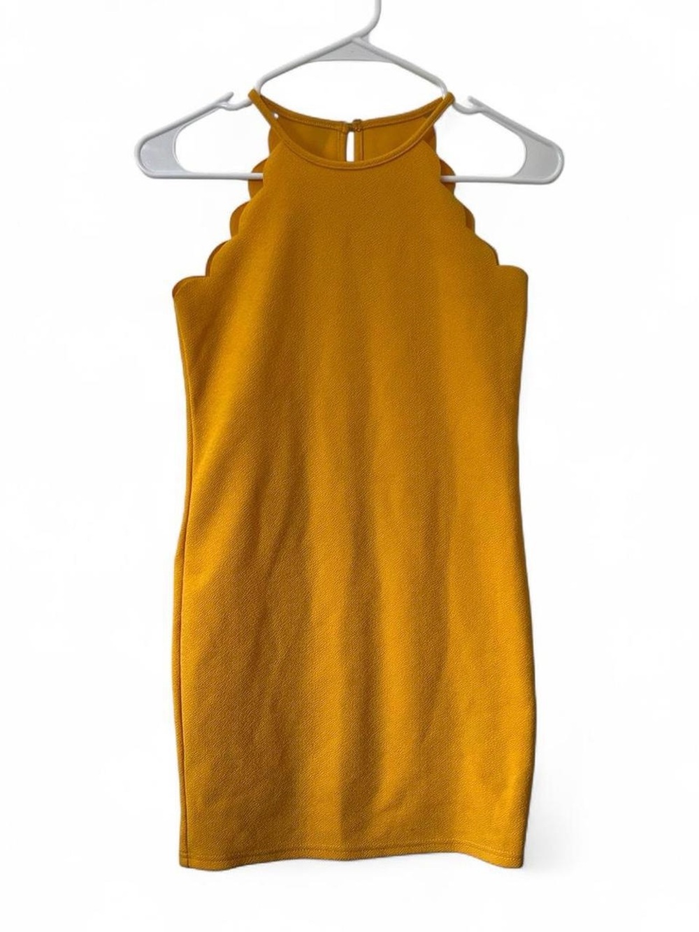 Girls Large 11/12 Mustard Yellow Halter Dress Scallop Trim Mini A-Line Dress EUC
